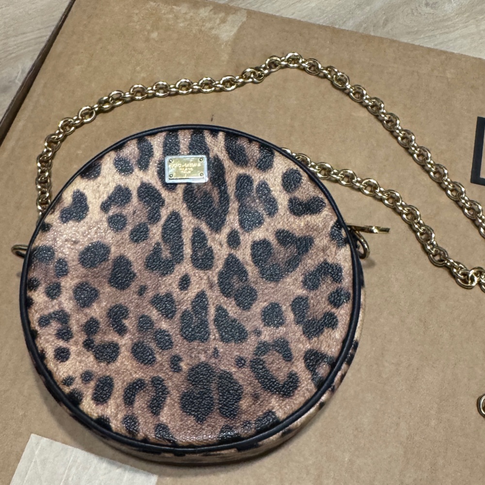 Dolce & Gabbana Leopard Print Round Crossbody Bag with Gold Chain 6W X 6H X 2D